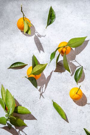 Whole oranges witl orange tree leaves on white background around empty plate. top view, flat lay, summer and healthy concept. Mockup.の写真素材