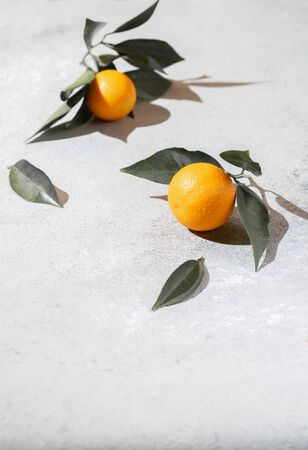 Whole oranges witl orange tree leaves on white background copy space.の写真素材