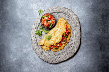 Big potato pancake with tomato sauce salsa on gray plate, gray background, top viewの写真素材
