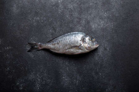 Fresh bream fish on dark background. Copy space, top viewの写真素材