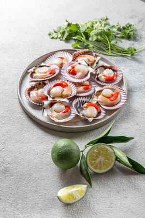 Seafood. Shellfish. Raw scallops with lemon and cilantro on gray plate , gray background