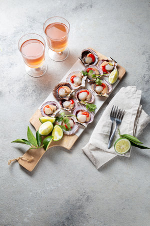 Raw Seafood shellfish scallops with lemon, cilantro and michelada beer drink on white board, gray backgroundの写真素材