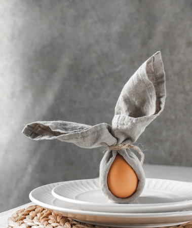 Festive Easter table setting. Funny Easter bunny made of egg and linen napkin on plate. Gray background.の写真素材