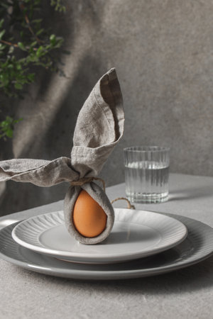 Festive Easter table setting. Funny Easter bunny made of egg and linen napkin on plate. Gray background.の写真素材