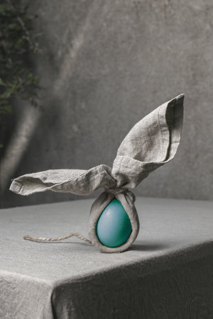 Easter background with Easter bunny made from eggs and linen napkin. Festive easter home table decorationter home table decorationの写真素材