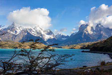 Pehoe lake in Torres del Paine chilean national park in Patagonia.の写真素材