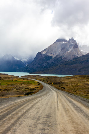 Road in chilean national park in Patagonia Torres del paine.の写真素材