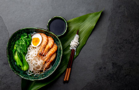 Asian rice noodles with shrimps on gray backgroundの写真素材
