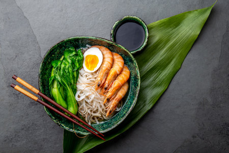 Asian rice noodles with shrimps on gray backgroundの素材 [FY310201361159]