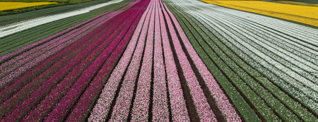 Aerial from blossoming tulip fields in the Chile near Osornoの写真素材