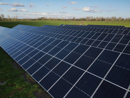 Aerial view of solar power plant solar panels. Electric panels for producing clean ecologic energy.の写真素材