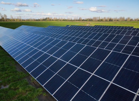 Aerial view of solar power plant solar panels. Electric panels for producing clean ecologic energy.の写真素材