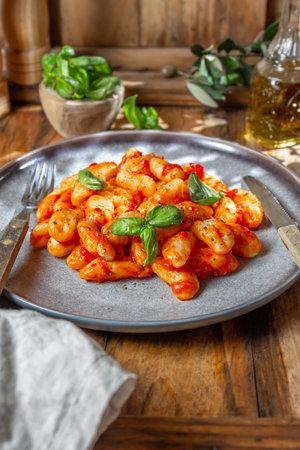 Italian Gnocchi with tomato sauce and basil on wooden backgroundの写真素材