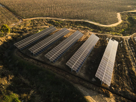 Aerial view of solar power plant solar panels on vineyard. Electric panels for producing clean ecologic energy.の写真素材