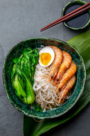 Asian rice noodles with shrimps on gray backgroundの写真素材