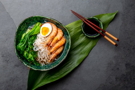 Asian rice noodles with shrimps on gray backgroundの写真素材