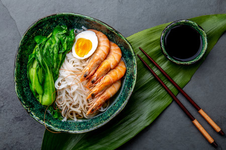 Asian rice noodles with shrimps on gray backgroundの写真素材