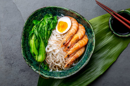 Asian rice noodles with shrimps on gray backgroundの写真素材