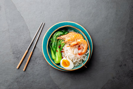 Asian rice noodles with shrimps on gray backgroundの写真素材