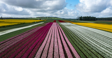 Aerial from blossoming tulip fields in the Chile near Osornoの素材 [FY310207413723]