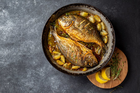 Baked sea bream or dorada with onion and herbs in pan on dark backgroundの写真素材