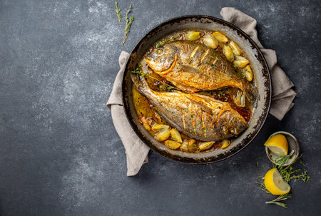 Baked sea bream or dorada with onion and herbs in pan on dark backgroundの写真素材