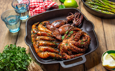 Grilled spimps, squids and octopus in cast iron grill panの写真素材