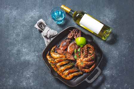 Grilled spimps, squids and octopus in cast iron grill panの写真素材