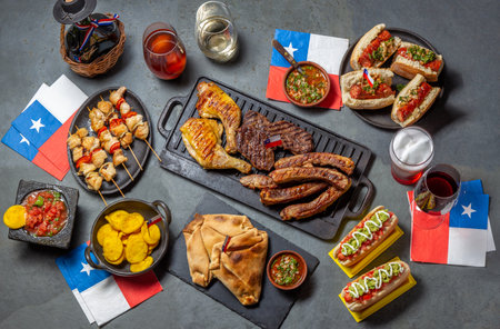 Chilean independence day table with traditional festive food for fiestas patrias. Dish and drink on 18 September party.の写真素材