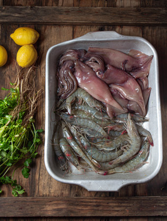 Raw seafood. Fresh shrimps and squids on gray try with cilantro and lemons. Wooden backround.の写真素材