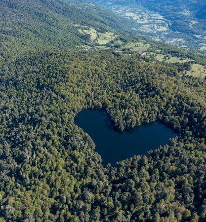 Heart lagoon, Laguna Corazon, Chile. Drone top down view go lagoon with the shape of a heart surrounded by forest, near Liquine, Region Los Lagos Chileの写真素材