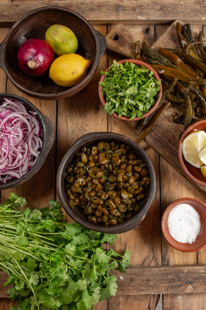 Ingredientes for seaweed cochayuyo seviche cebiche Chilean Australin peruvian cochayuyo, red onion,...