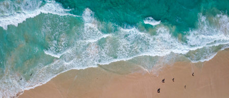 Aerial view drone over beach sea. Beautiful sea waves. Beach sand and amazing sea