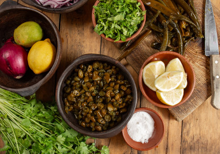 Ingredientes for seaweed cochayuyo seviche cebiche Chilean peruvian cochayuyo, red onion, cilantro and lemonの写真素材