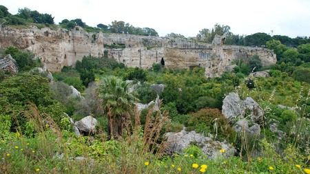 Latomia del Paradiso at the archaeologic park of Syracuse, Sicily, Italyの写真素材