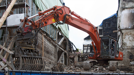 demolition of a burnt-out ruin in the medevial Constance at Lake Constance, Germanyのeditorial素材