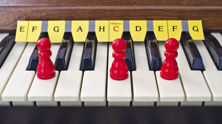 manual of an organ with cones on the keys of the C major chord