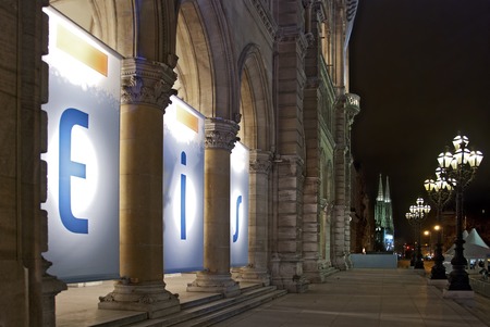 Viennese town-hall and church "Votivkirche" at the event "IceDream" in the night, 2011 Austriaのeditorial素材