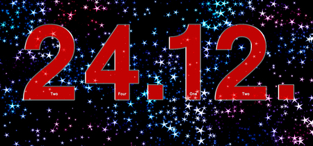 red date December the 24th in front of a dark sky with colorful stars