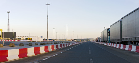 waiting area of the ferry port Rostock with waiting motor trucks, Germanyの写真素材