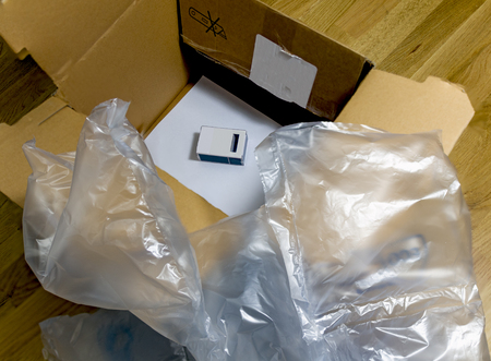 packing by large card box and air cushions for a little packetの写真素材