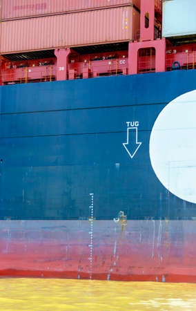marks on the water line of a container shipの写真素材