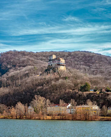 Castle Greifenstein on a rock above the river Danube in winter without snow, Austriaのeditorial素材