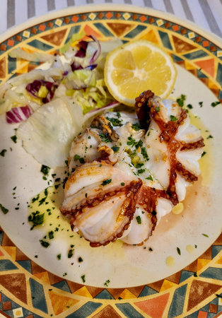 Grilled octopus served with lemon and salad on a decorative plate.の写真素材