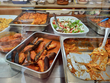 Traditional Italian food in a market in Puglia, Southern Italyの写真素材