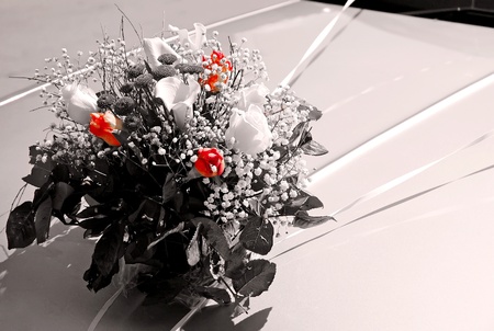 Wedding decorations - flowers on the hood of the carの写真素材