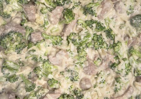Broccoli, cheese, cream and pork - before roasting in the ovenの写真素材