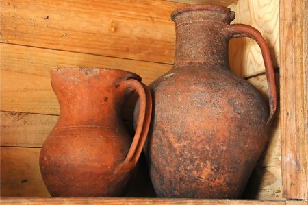 Old clay wine jugs in a traditional Adega wine cellar in the Azoresの写真素材