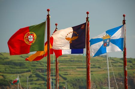 set of three azores flags blowing in the summer windの写真素材