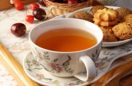 Cup of English tea with biscuits の写真素材